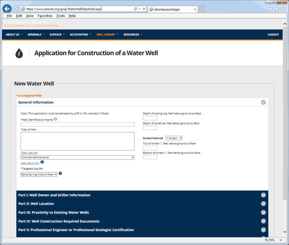 Sample screen of Water Well application screen